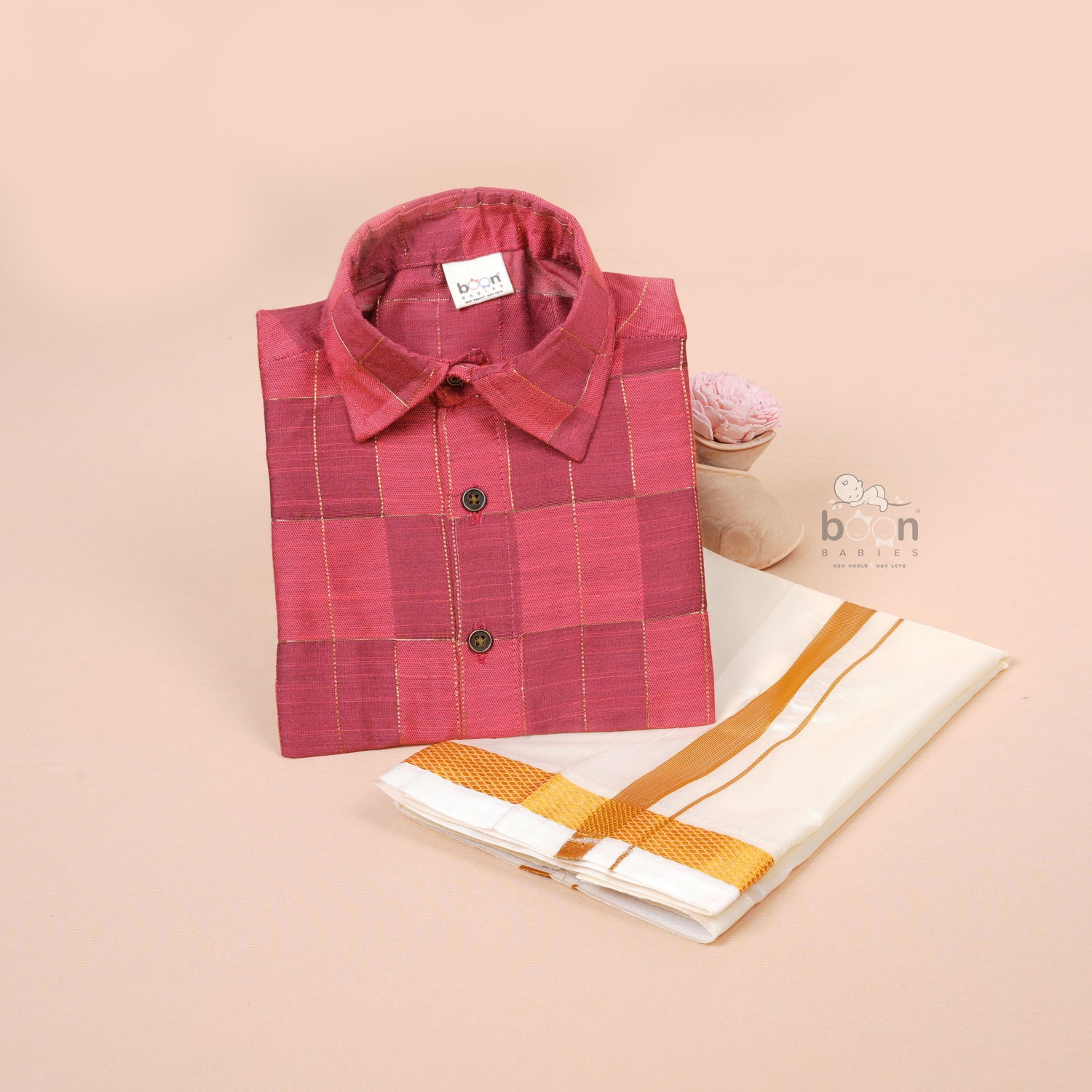 Brick Red Silk Boys Ethnic Shirt & Dhoti Set – Elegant Festive Wear