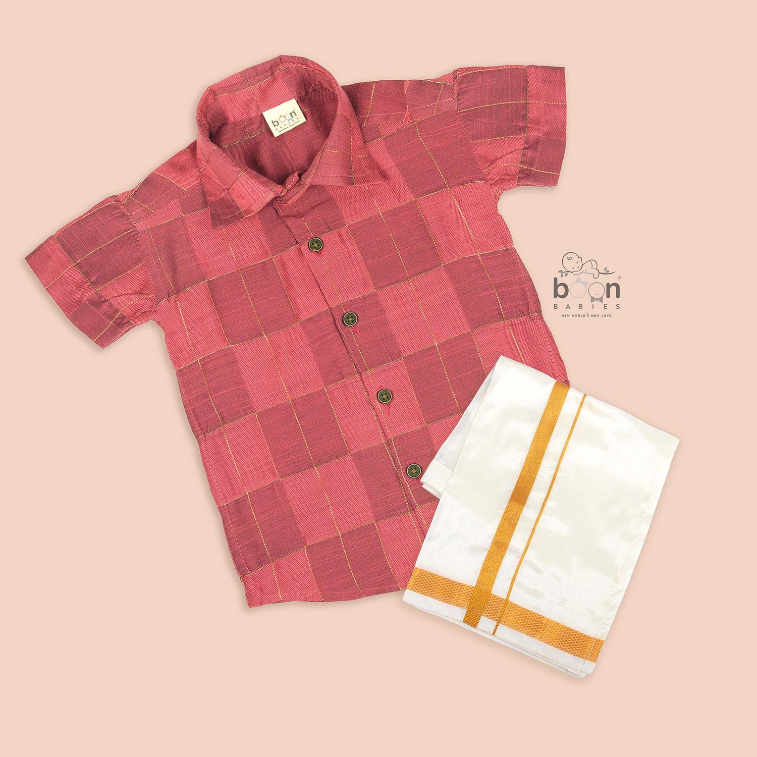 Brick Red Silk Boys Ethnic Shirt & Dhoti Set – Elegant Festive Wear