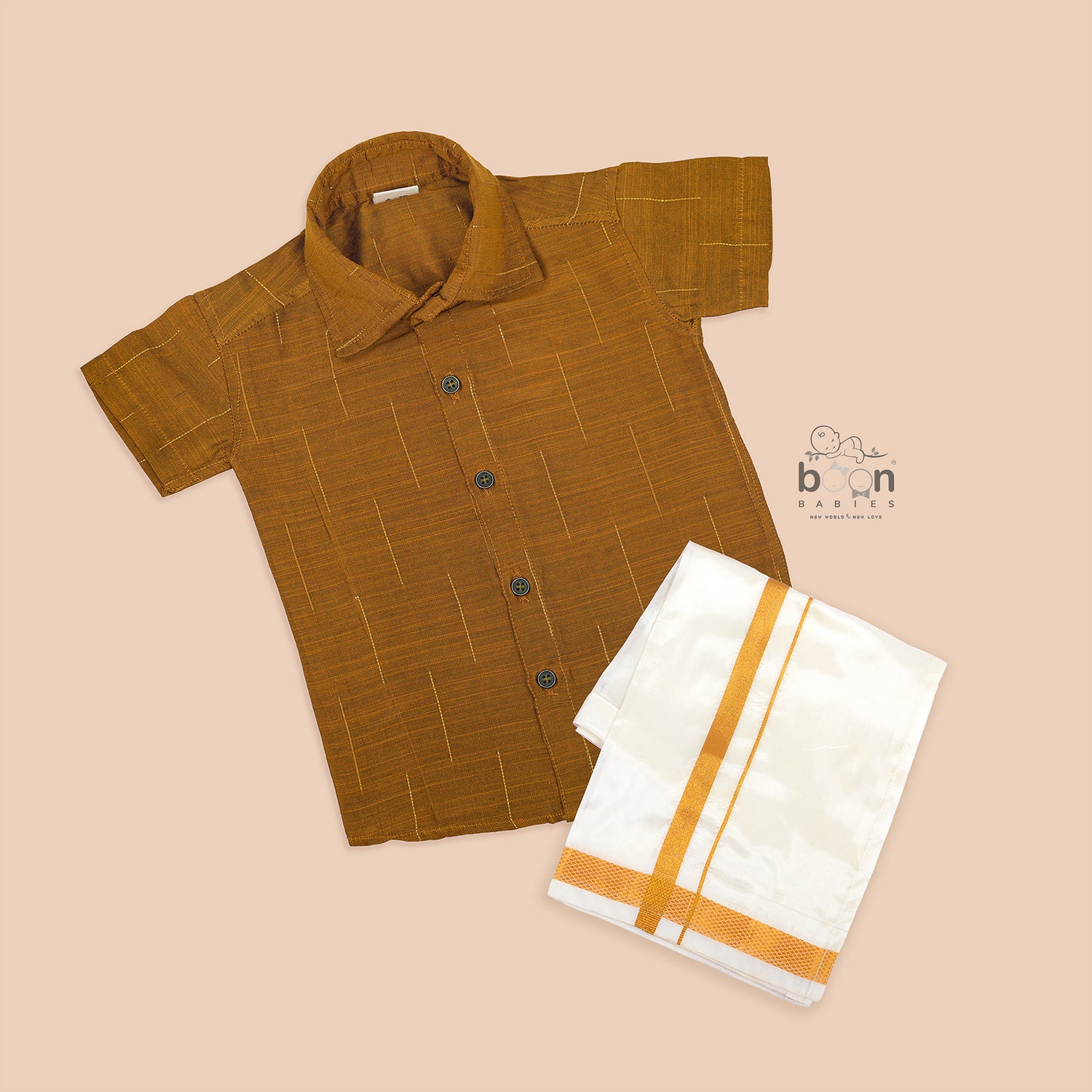 Burnt Sienna Silk Boys Ethnic Shirt & Dhoti Set – Traditional & Elegant