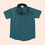 Elegant teal silk checkered shirt with golden-border dhoti — a premium, festive ethnic wear set for boys.