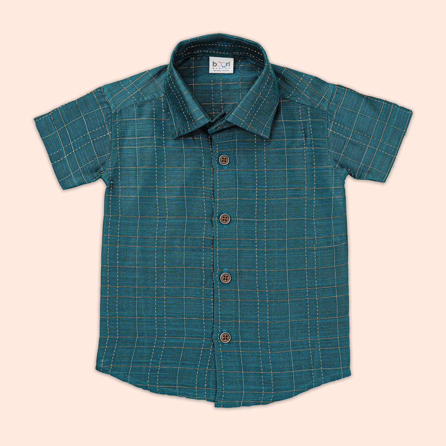 Elegant teal silk checkered shirt with golden-border dhoti — a premium, festive ethnic wear set for boys.