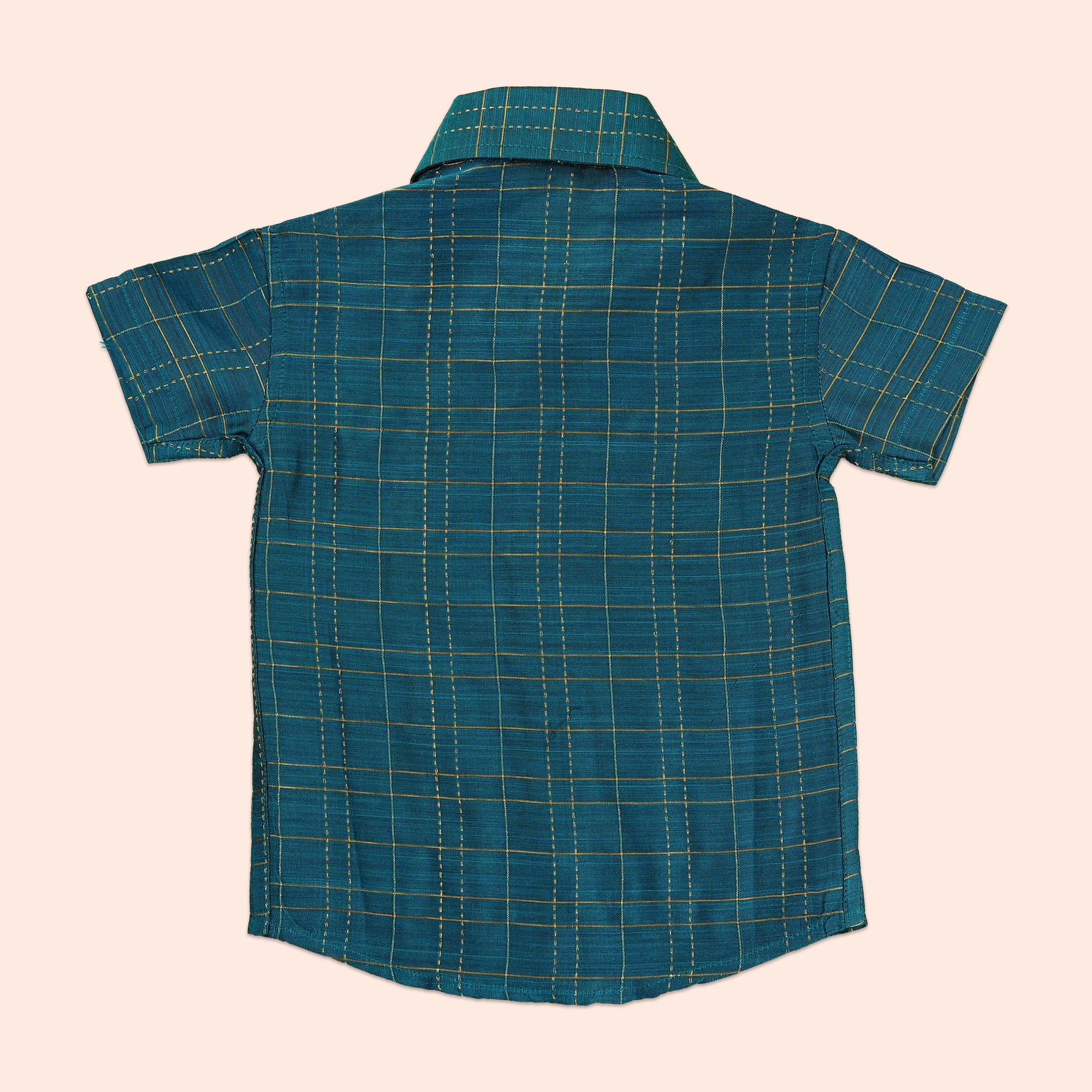 Elegant teal silk checkered shirt with golden-border dhoti — a premium, festive ethnic wear set for boys.
