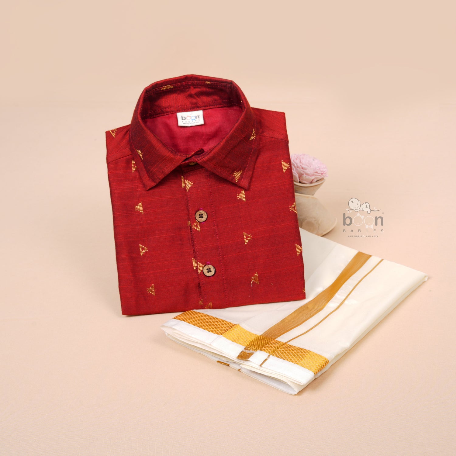 Crimson Red Silk Boys Ethnic Shirt & Dhoti Set – Festive & Royal
