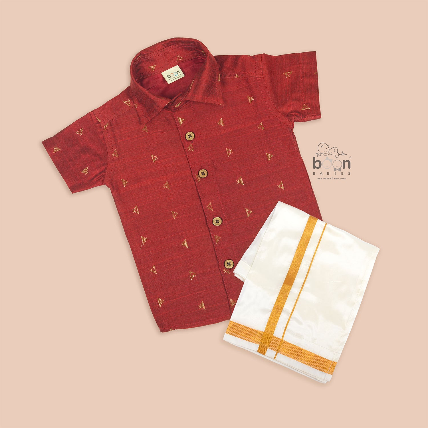 Crimson Red Silk Boys Ethnic Shirt & Dhoti Set – Festive & Royal