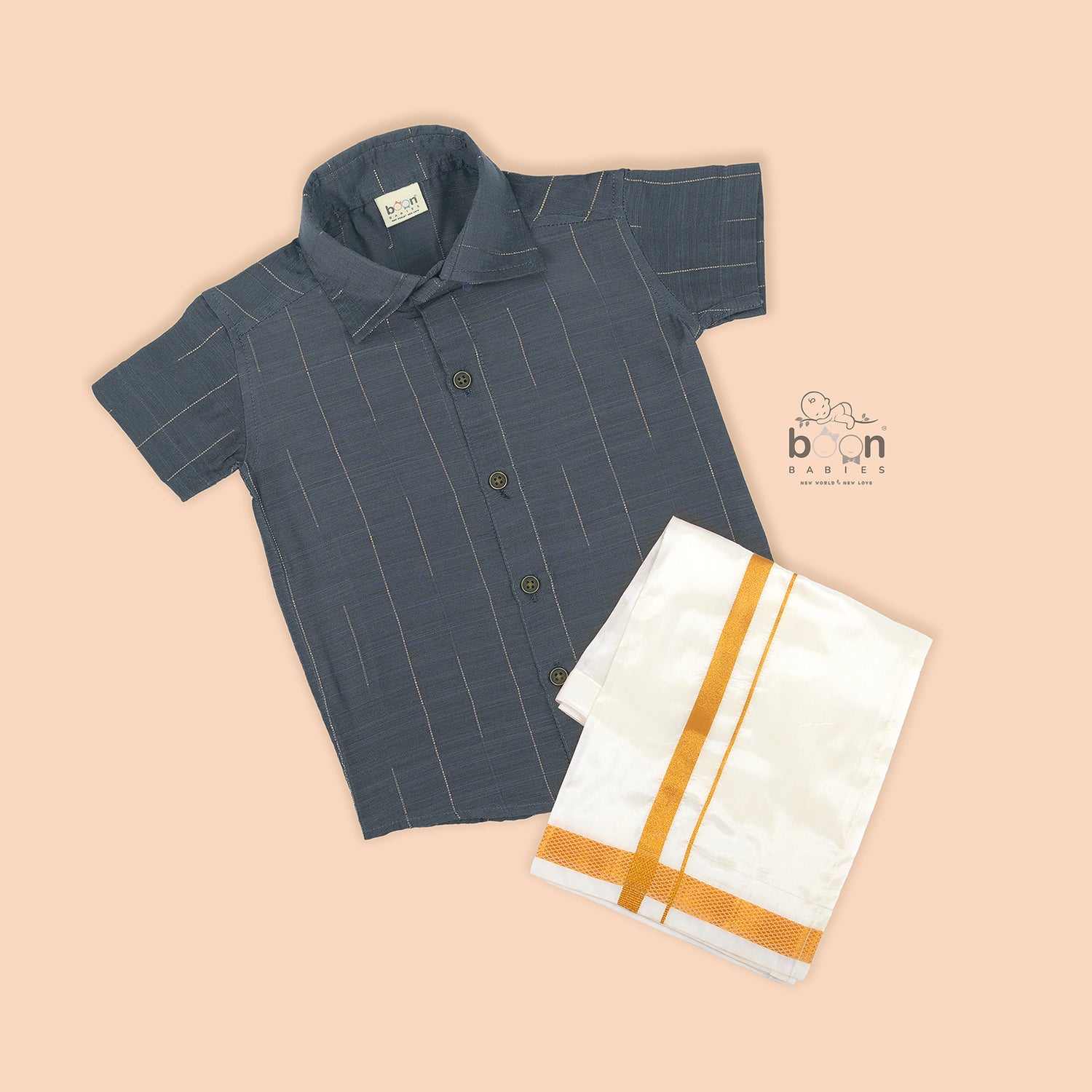Grey Silk Boys Ethnic Shirt & Dhoti Set – Understated Elegance for Festive Moments
