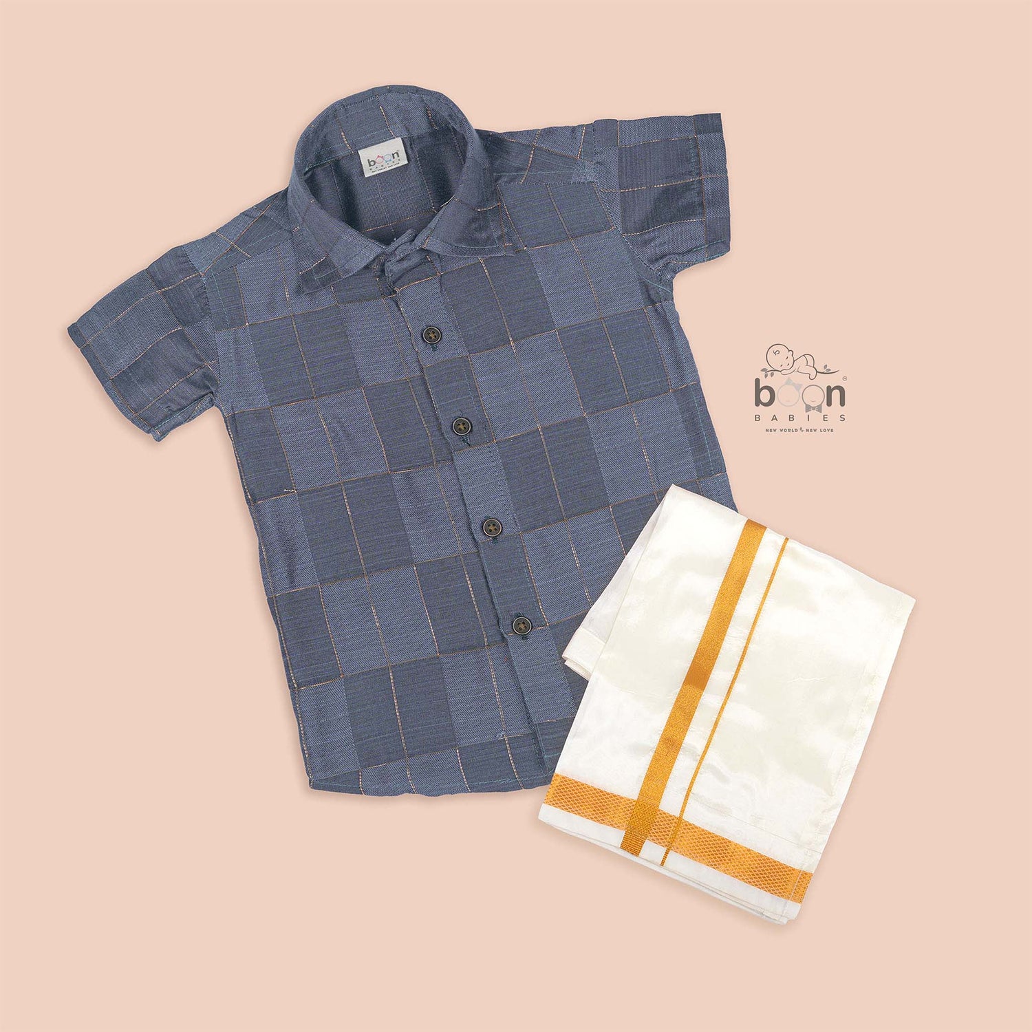 Lite Grey Silk Boys Ethnic Shirt & Dhoti Set – Elegant Traditional Look