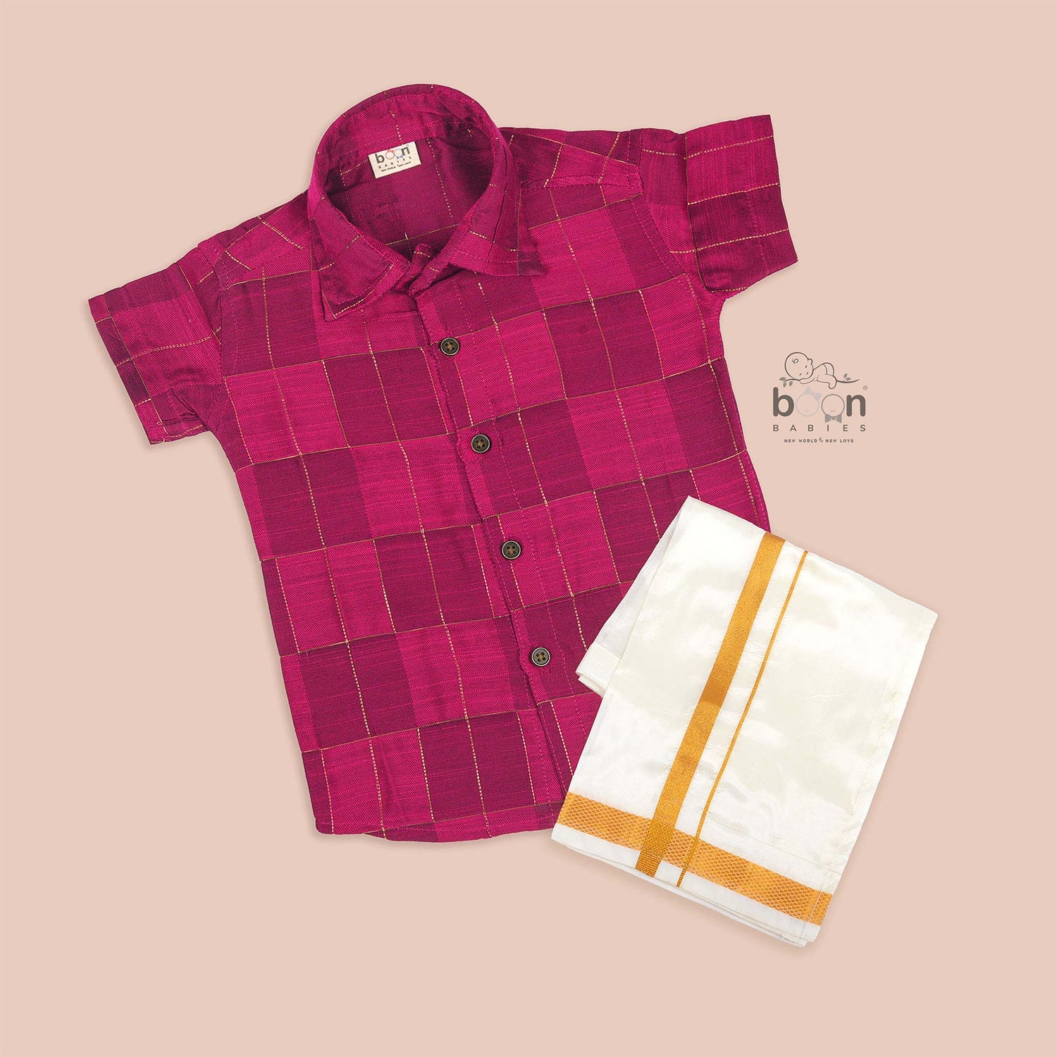 Magenta Silk Boys Ethnic Shirt & Dhoti Set – Festive & Elegant