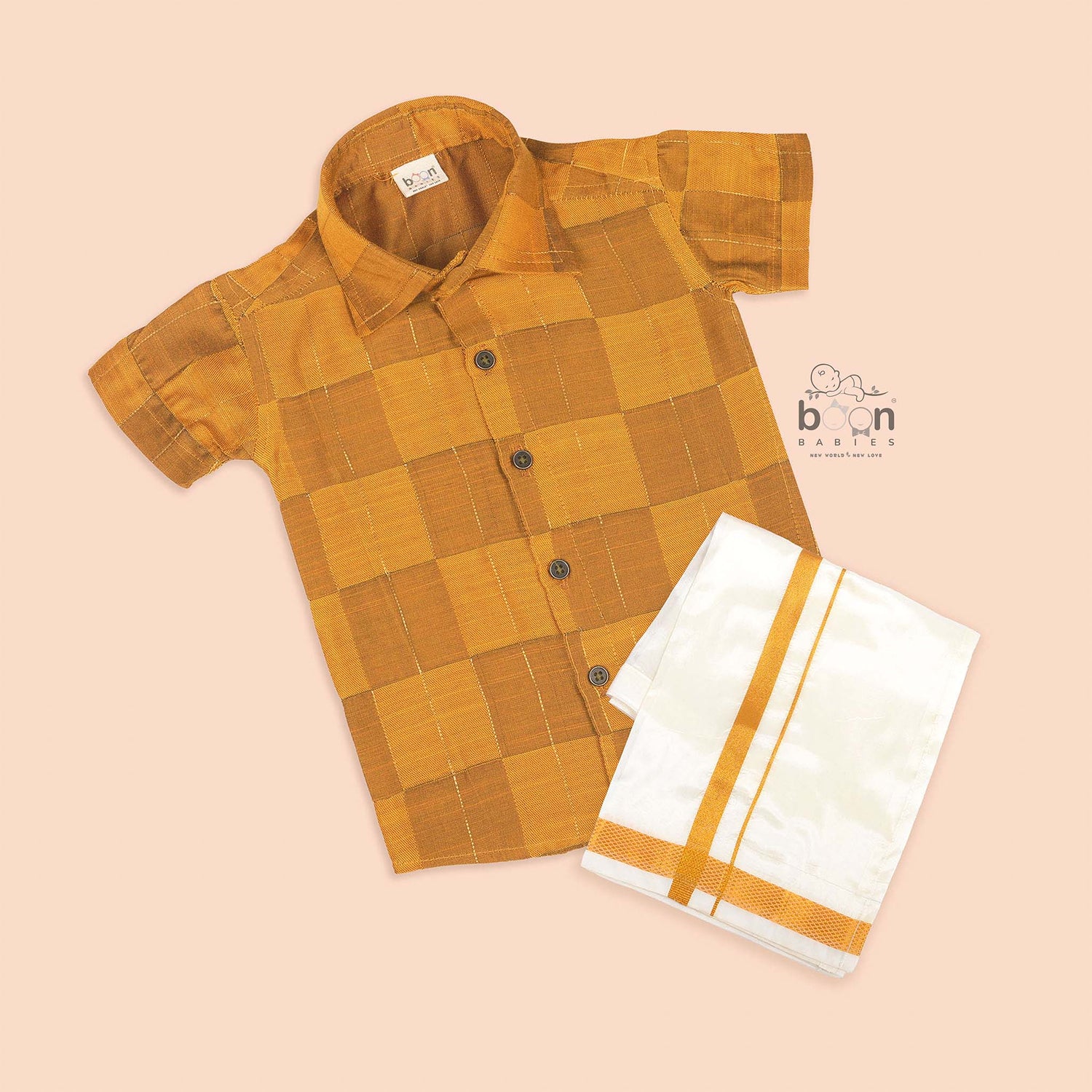 Mustard Yellow Silk Boys Ethnic Shirt & Dhoti Set – Festive Charm in Every Thread
