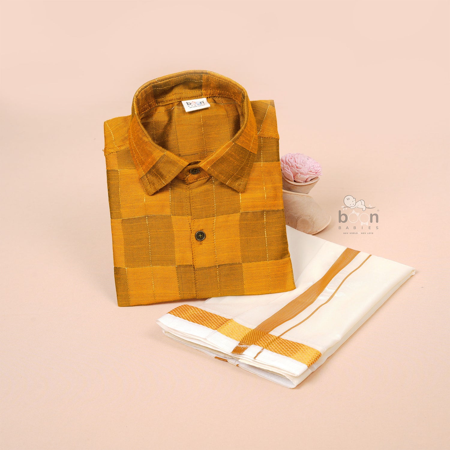 Mustard Yellow Silk Boys Ethnic Shirt & Dhoti Set – Festive Charm in Every Thread