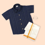 Navy blue silk shirt and ivory gold-bordered dhoti set for boys aged 12M to 5Y – traditional festive babywear combo from Boon Babies, Coimbatore.
