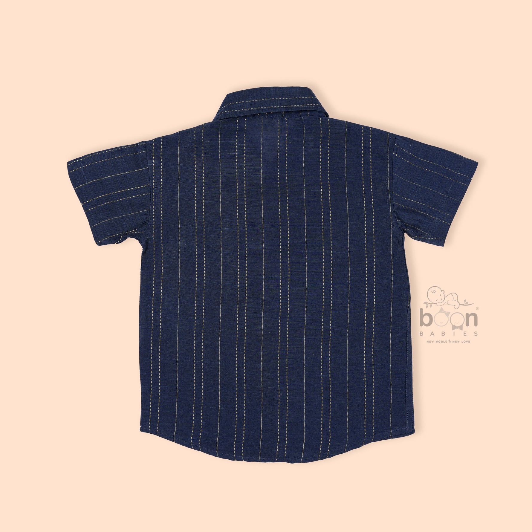 Navy blue silk shirt and ivory gold-bordered dhoti set for boys aged 12M to 5Y – traditional festive babywear combo from Boon Babies, Coimbatore.
