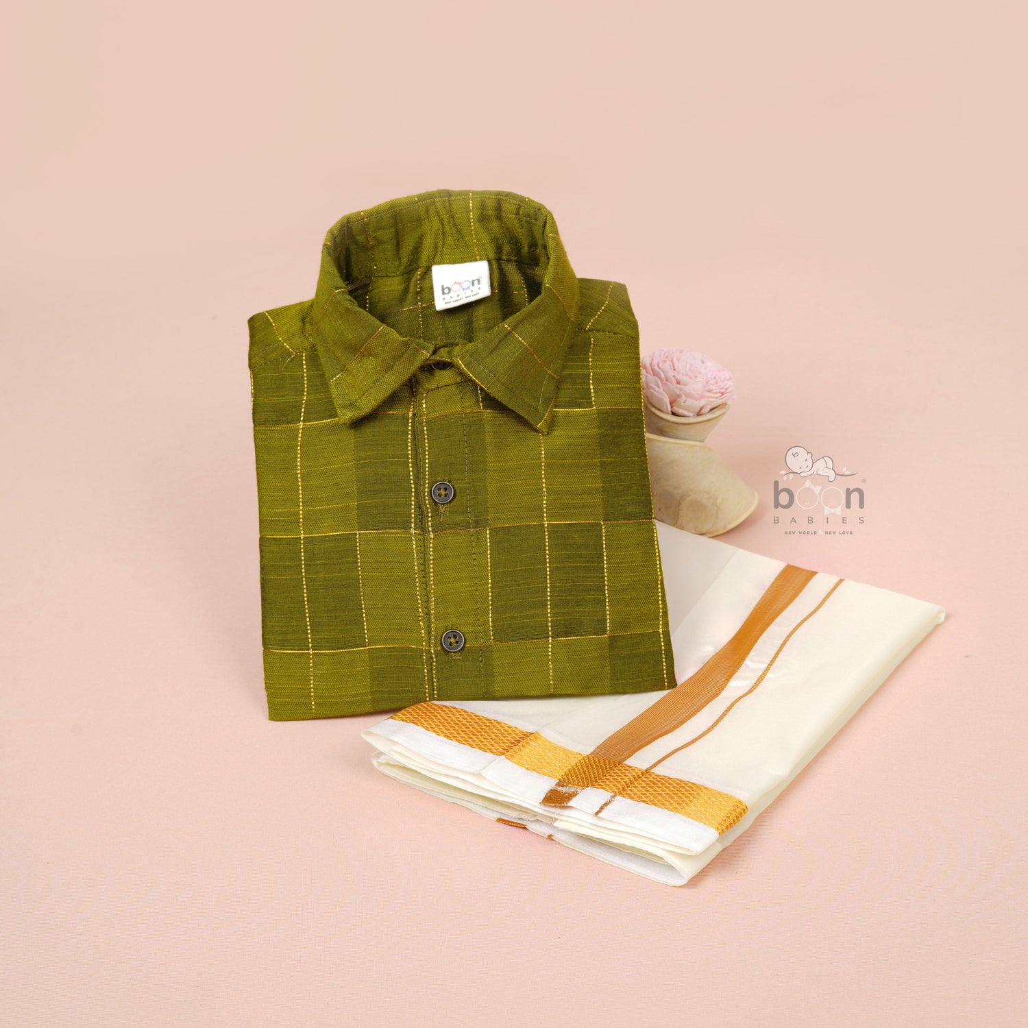Olive Green Silk Boys Ethnic Shirt & Dhoti Set – Traditional Festive Wear