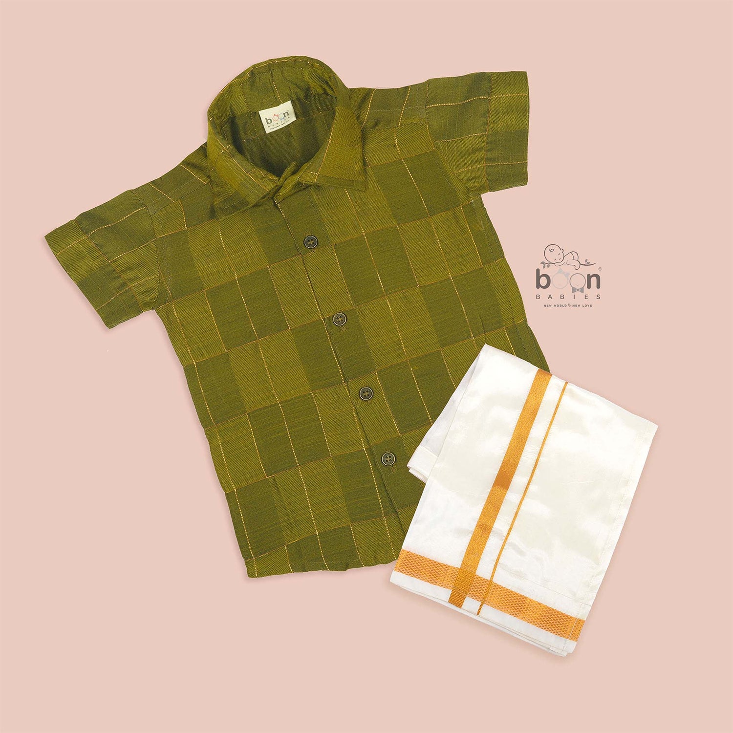Olive Green Silk Boys Ethnic Shirt & Dhoti Set – Traditional Festive Wear