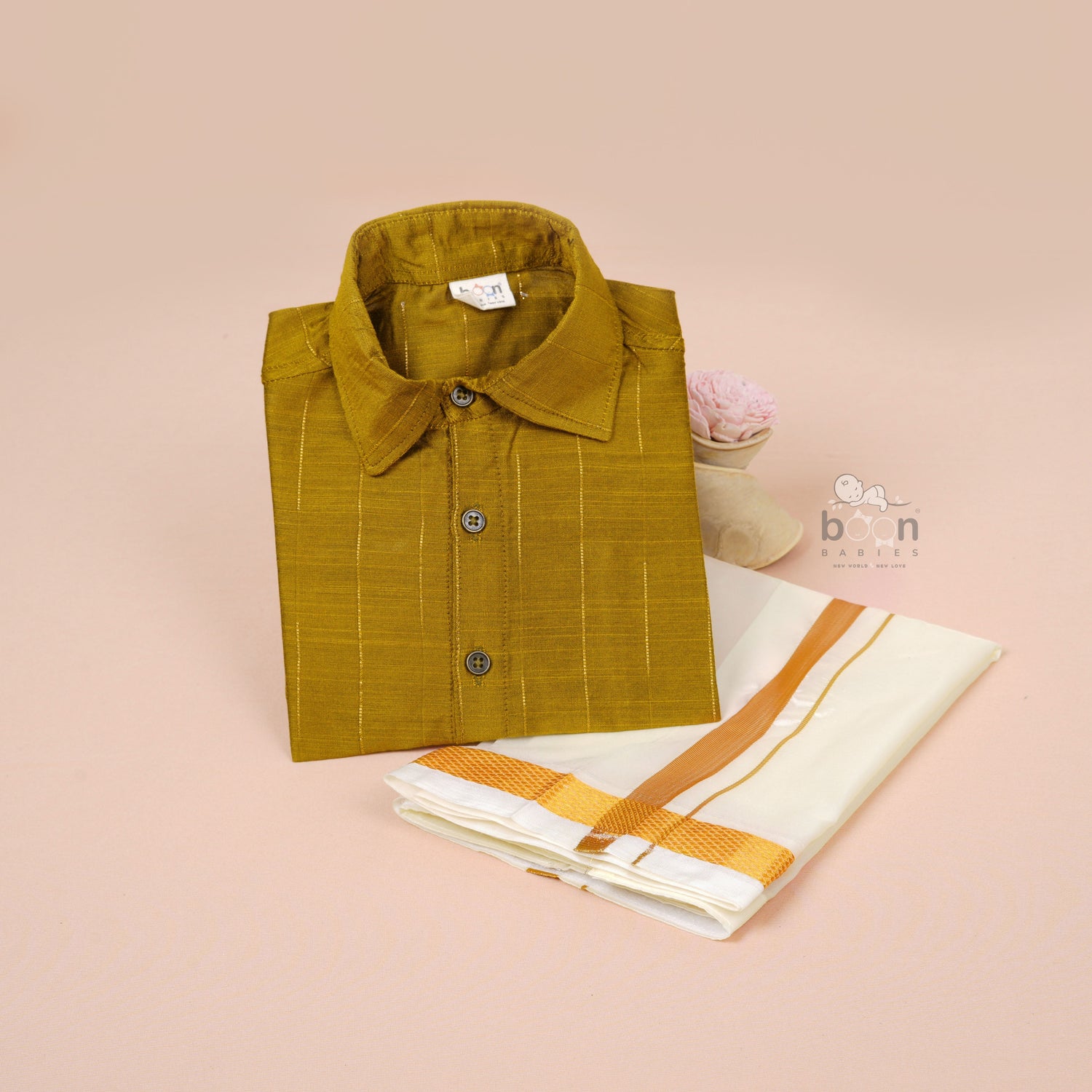 Olive Mustard Silk Boys Ethnic Shirt & Dhoti Set – Earthy & Elegant Look