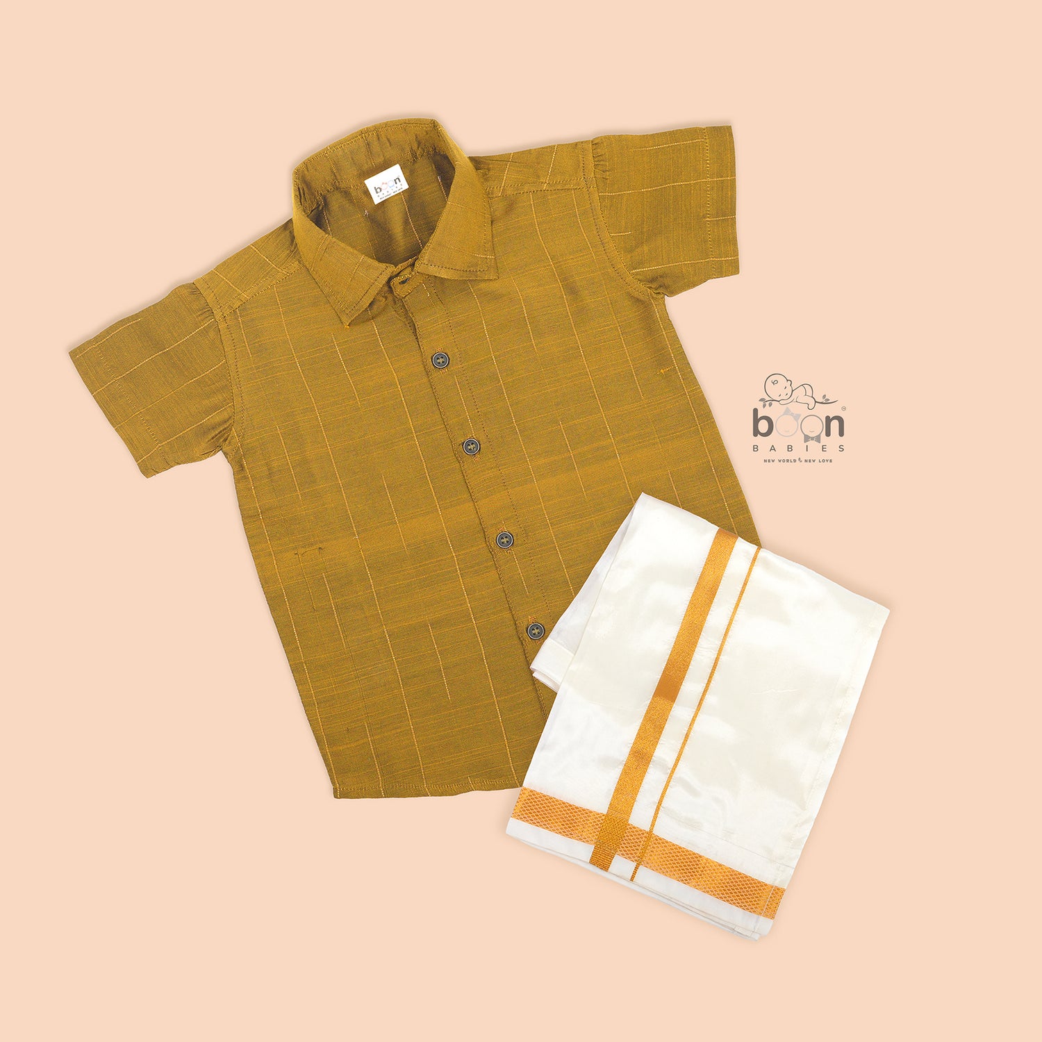 Olive Mustard Silk Boys Ethnic Shirt & Dhoti Set – Earthy & Elegant Look