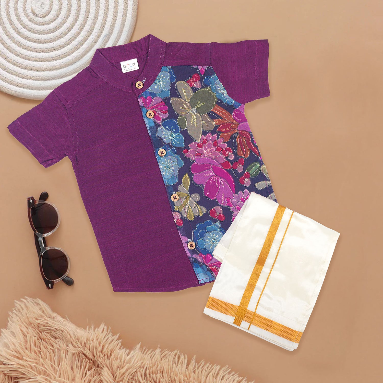 Purple Floral Panel Silk Shirt with Cream Pattu Dhoti – Traditional Wear for Boys