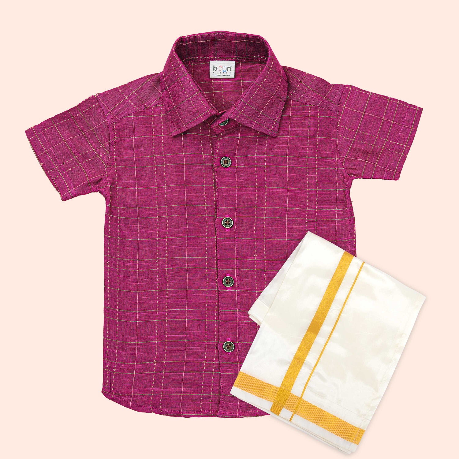 Regal Pink Silk Festive Check Shirt & Dhoti Set for Boys