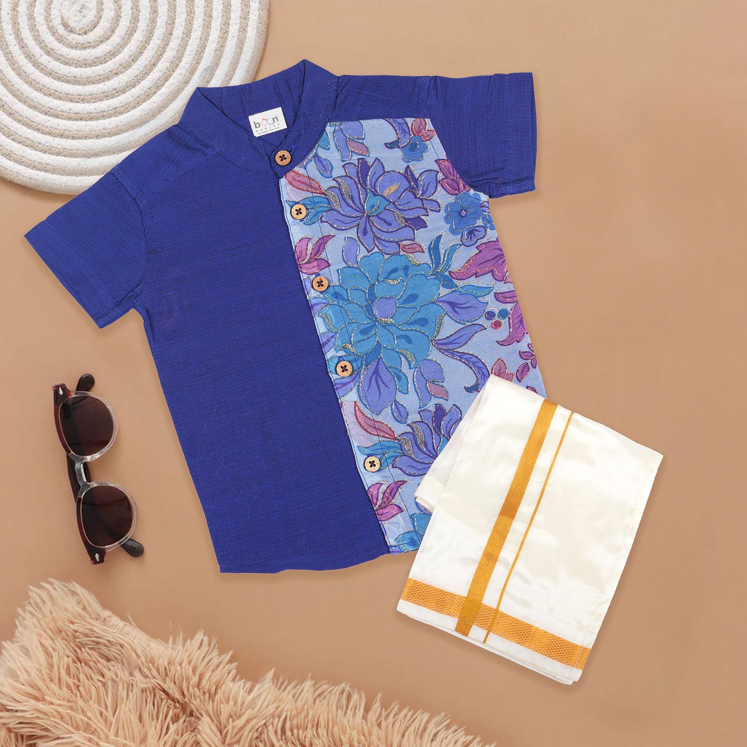 Royal Blue Floral Panel Silk Shirt with Cream Pattu Dhoti – Festive Ethnic Outfit for Boys