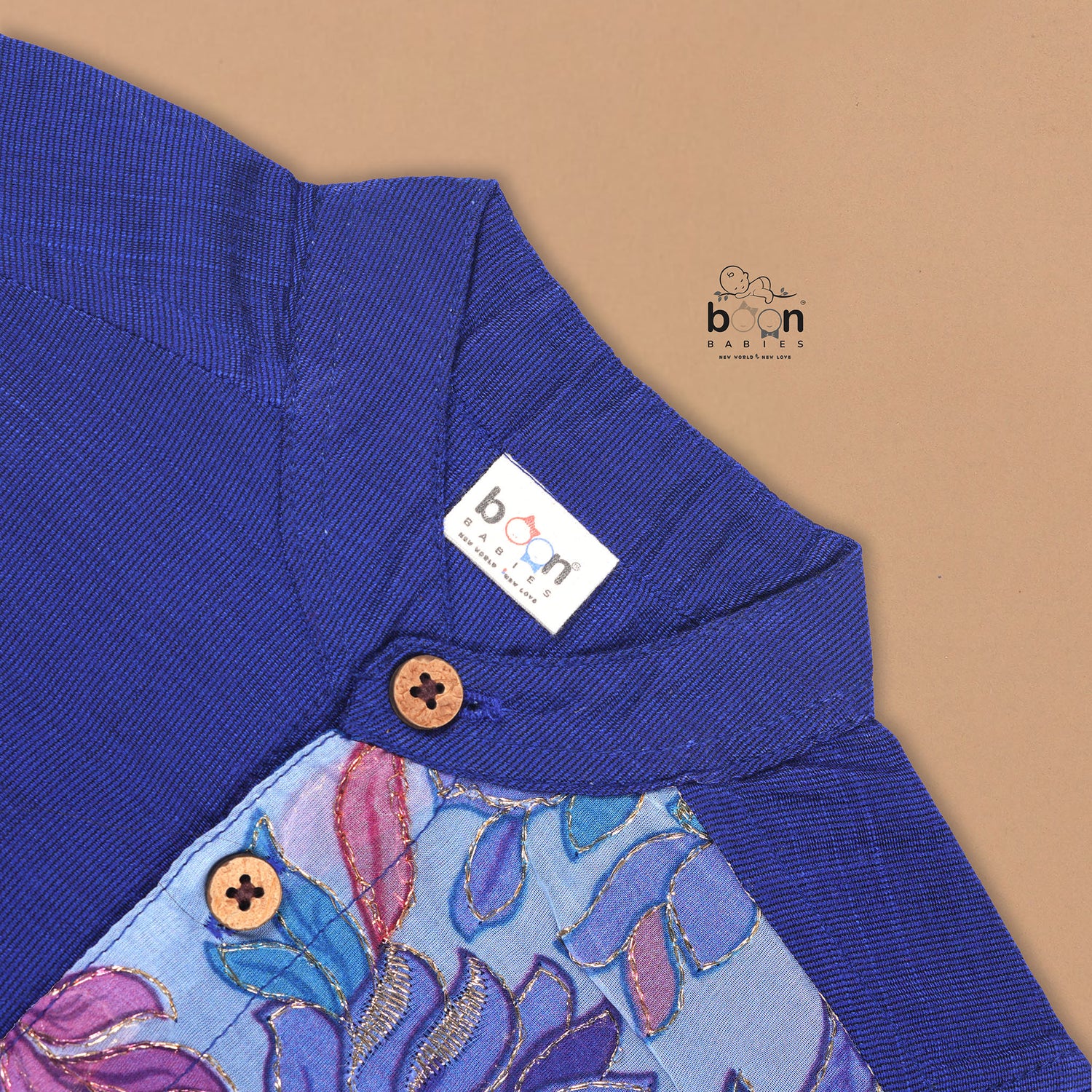 Royal Blue Floral Panel Silk Shirt with Cream Pattu Dhoti – Festive Ethnic Outfit for Boys