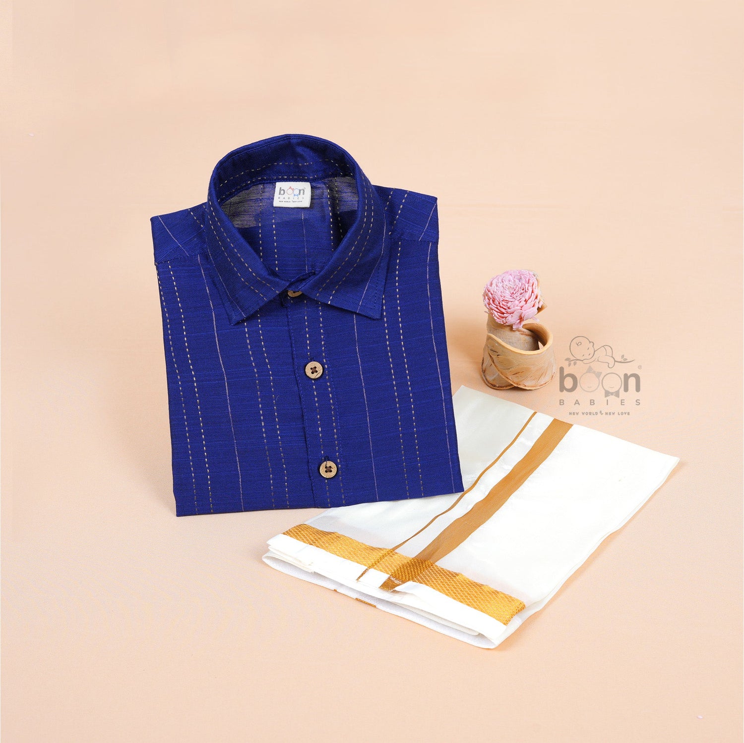 Royal blue silk ethnic shirt and ivory dhoti set for boys aged 12M to 5Y – from Boon Babies festive wear collection with traditional weave and golden finish.
