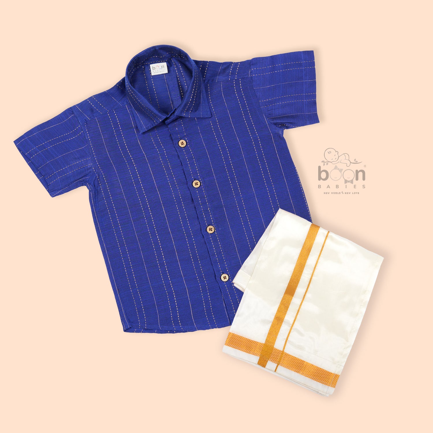 Royal blue silk ethnic shirt and ivory dhoti set for boys aged 12M to 5Y – from Boon Babies festive wear collection with traditional weave and golden finish.