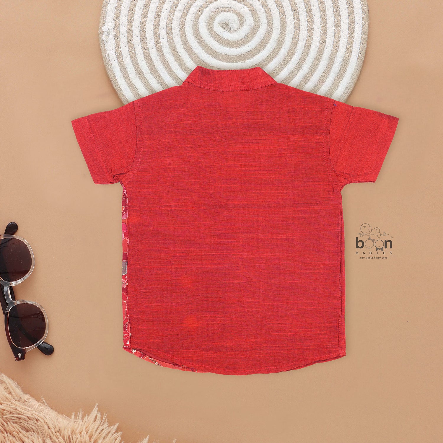 Rust Red Floral Panel Silk Shirt with Cream Pattu Dhoti – Ethnic Wear for Boys