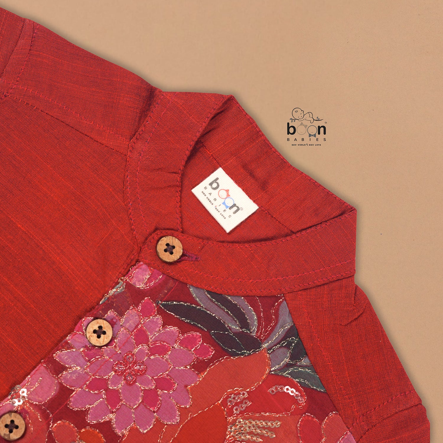 Rust Red Floral Panel Silk Shirt with Cream Pattu Dhoti – Ethnic Wear for Boys