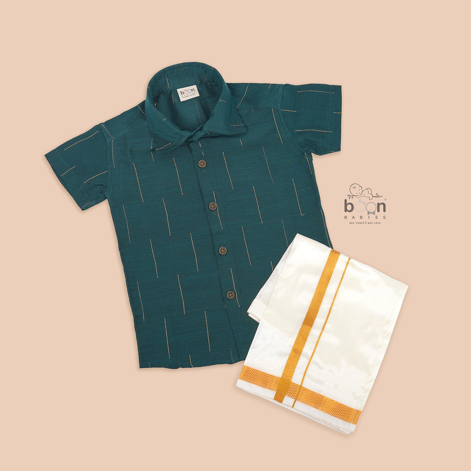 Teal Green Silk Boys Ethnic Shirt & Dhoti Set – Stylish & South Indian Traditional