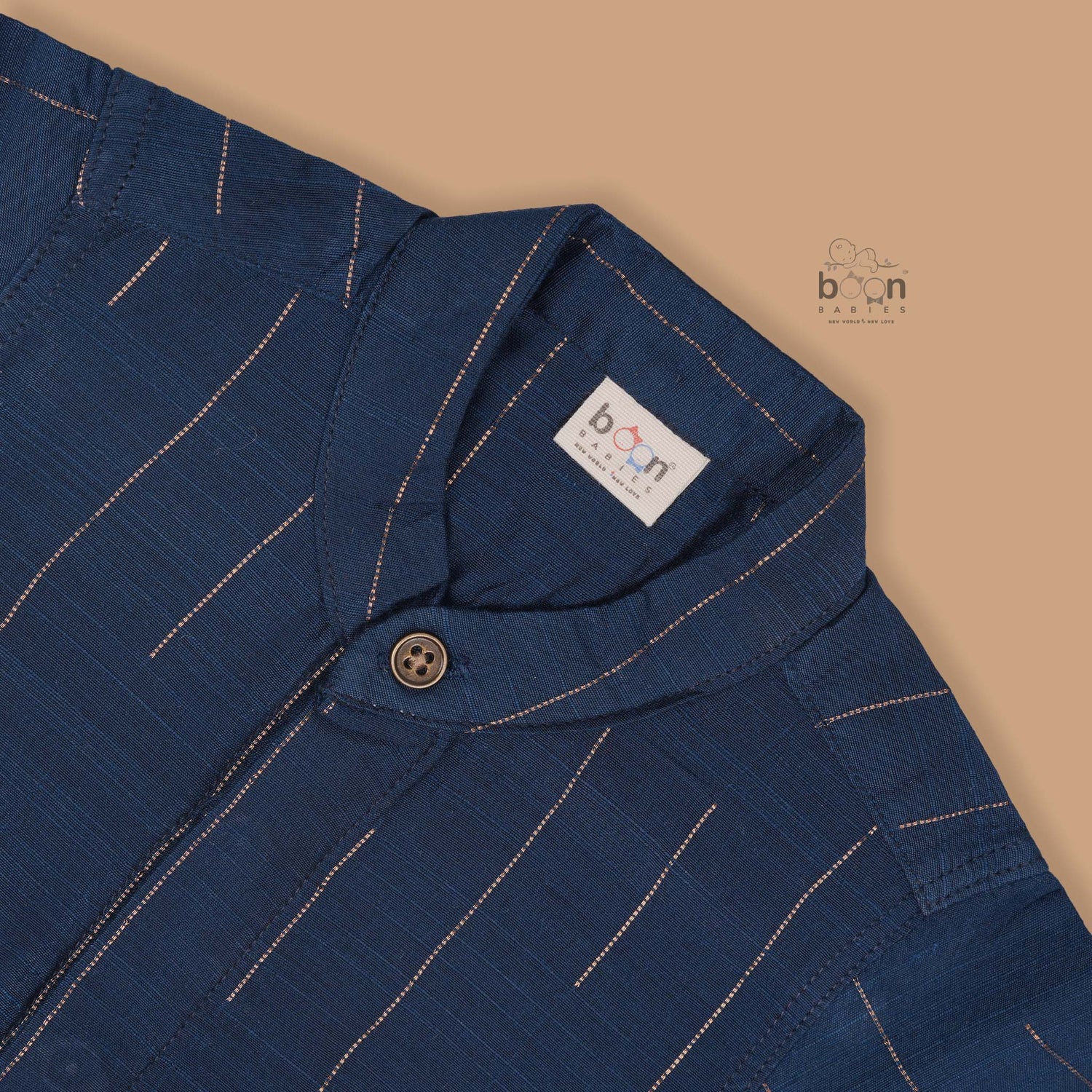 Teal blue checked silk shirt with Chinese collar and white dhoti with gold border – festive ethnic outfit for baby boys from Boon Babies.
