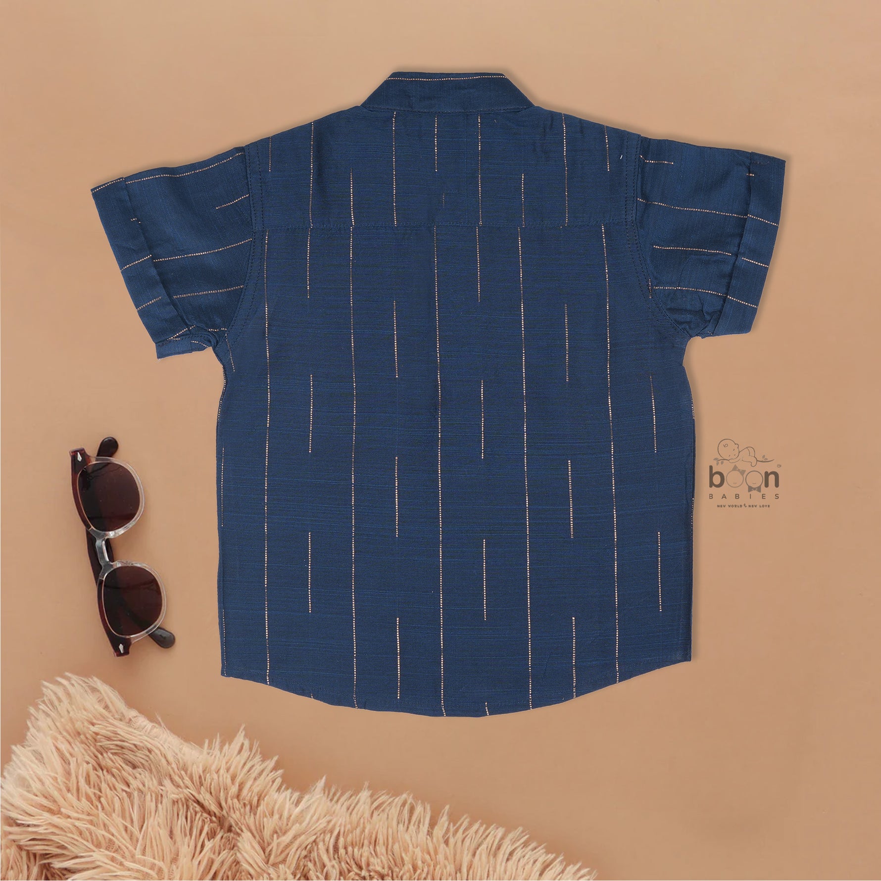 Teal blue checked silk shirt with Chinese collar and white dhoti with gold border – festive ethnic outfit for baby boys from Boon Babies.
