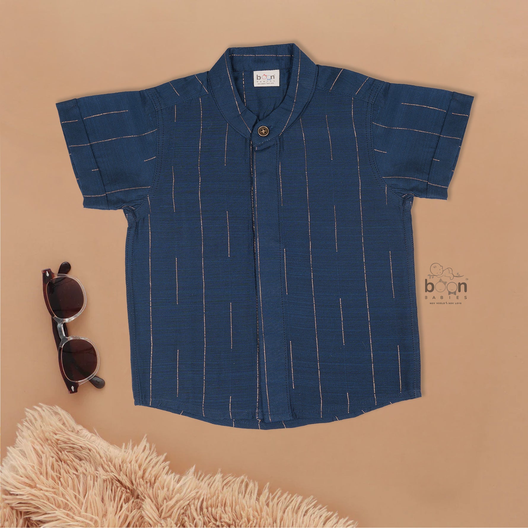 Teal blue checked silk shirt with Chinese collar and white dhoti with gold border – festive ethnic outfit for baby boys from Boon Babies.
