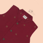 Baby boy traditional brick maroon silk Panjagajam set with mandarin collar shirt and pants, by Booon Babies.