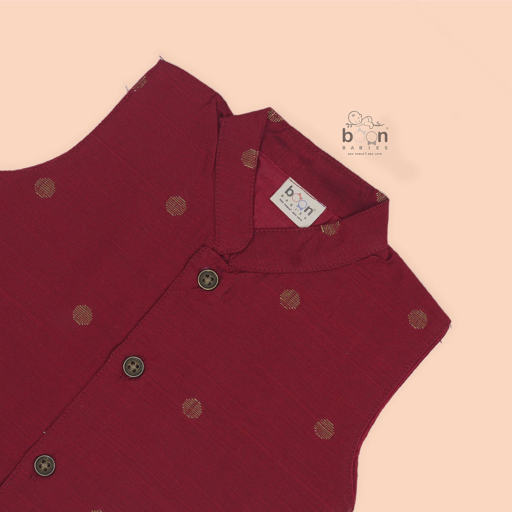 Baby boy traditional brick maroon silk Panjagajam set with mandarin collar shirt and pants, by Booon Babies.