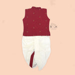 Baby boy's maroon silk Panjagajam set with mandarin collar shirt by Booon Babies, traditional and earthy in style.