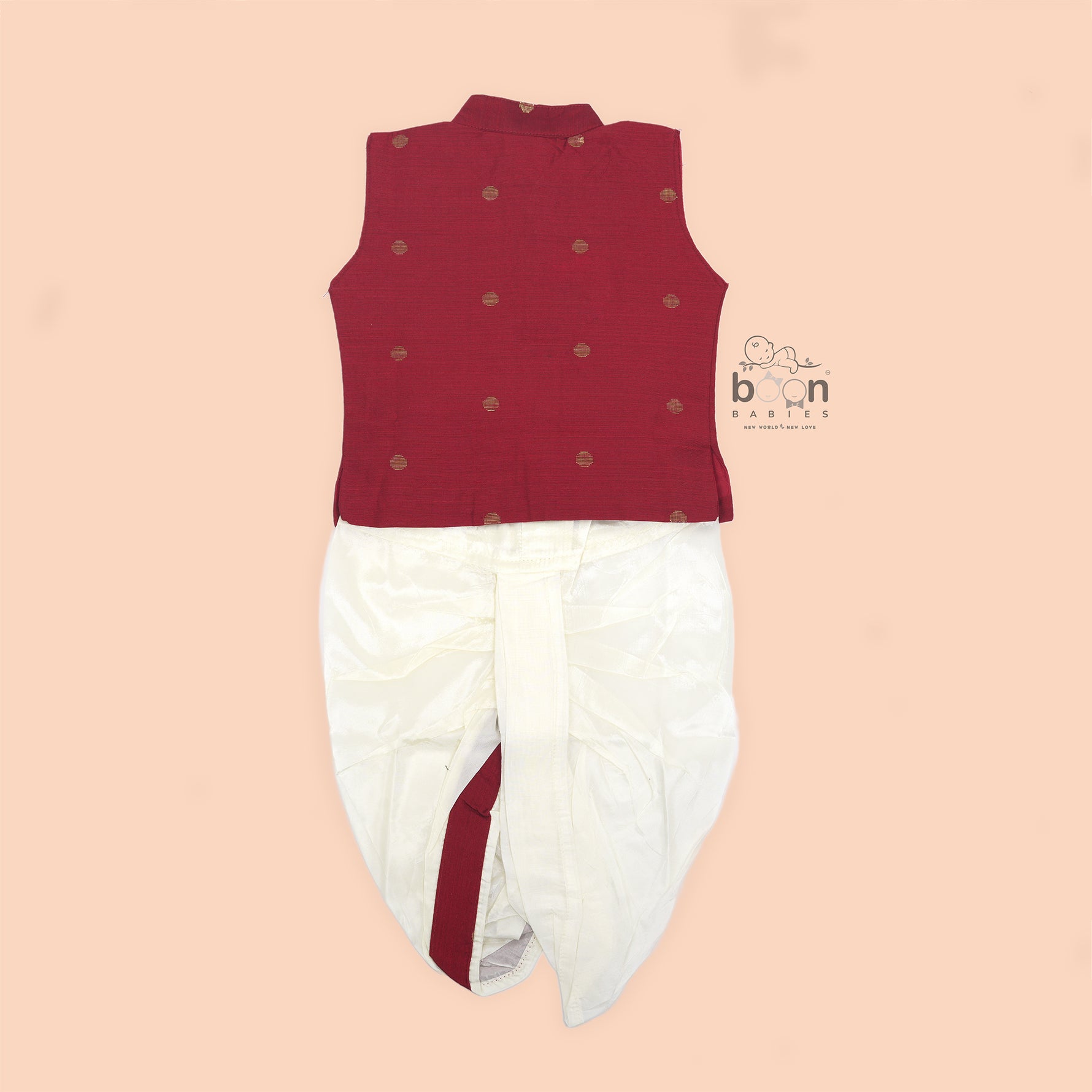 Baby boy's maroon silk Panjagajam set with mandarin collar shirt by Booon Babies, traditional and earthy in style.