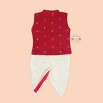 Bright red silk panjagajam set for boys aged 6M–3Y – vibrant, ethnic, and celebration-ready.