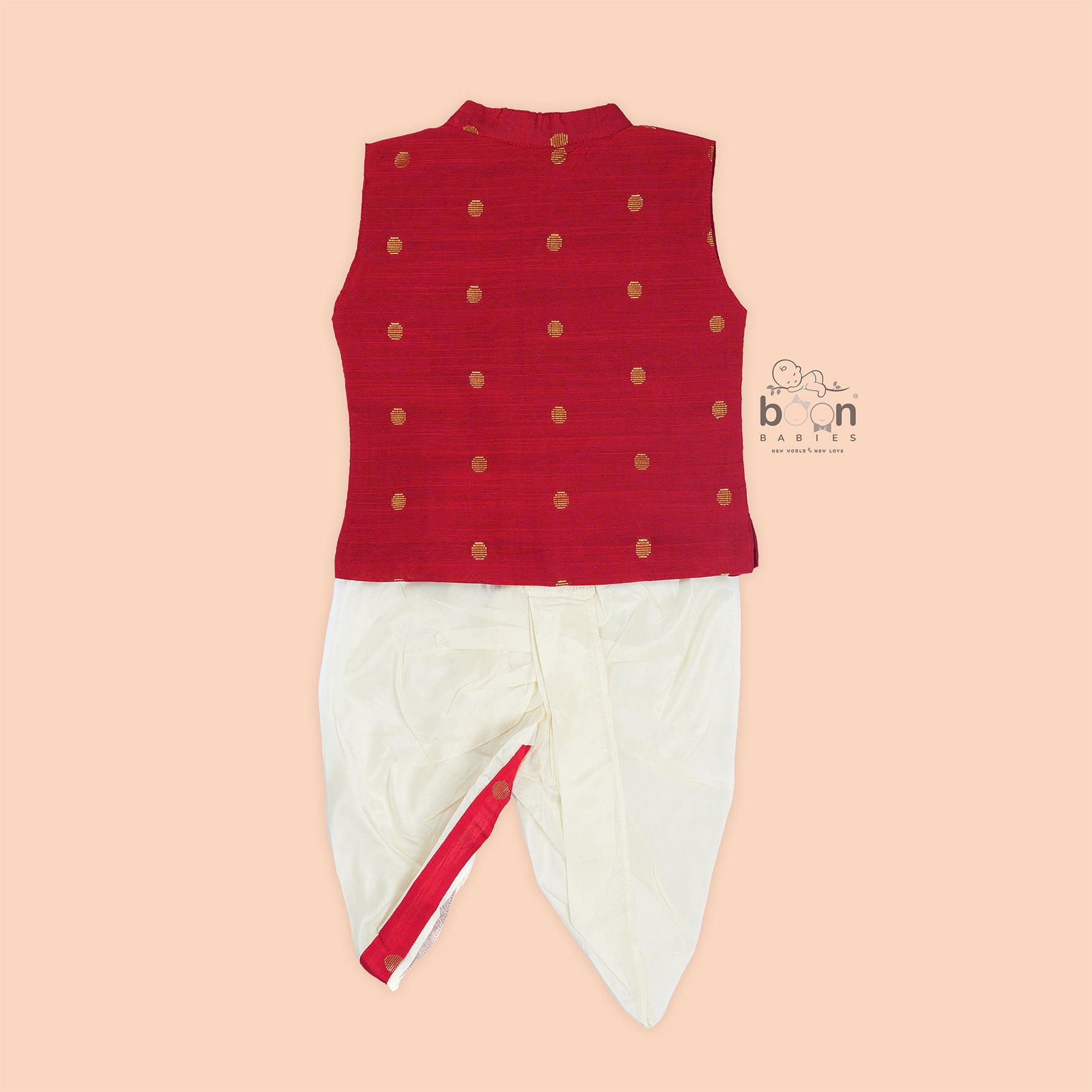 Bright red silk panjagajam set for boys aged 6M–3Y – vibrant, ethnic, and celebration-ready.
