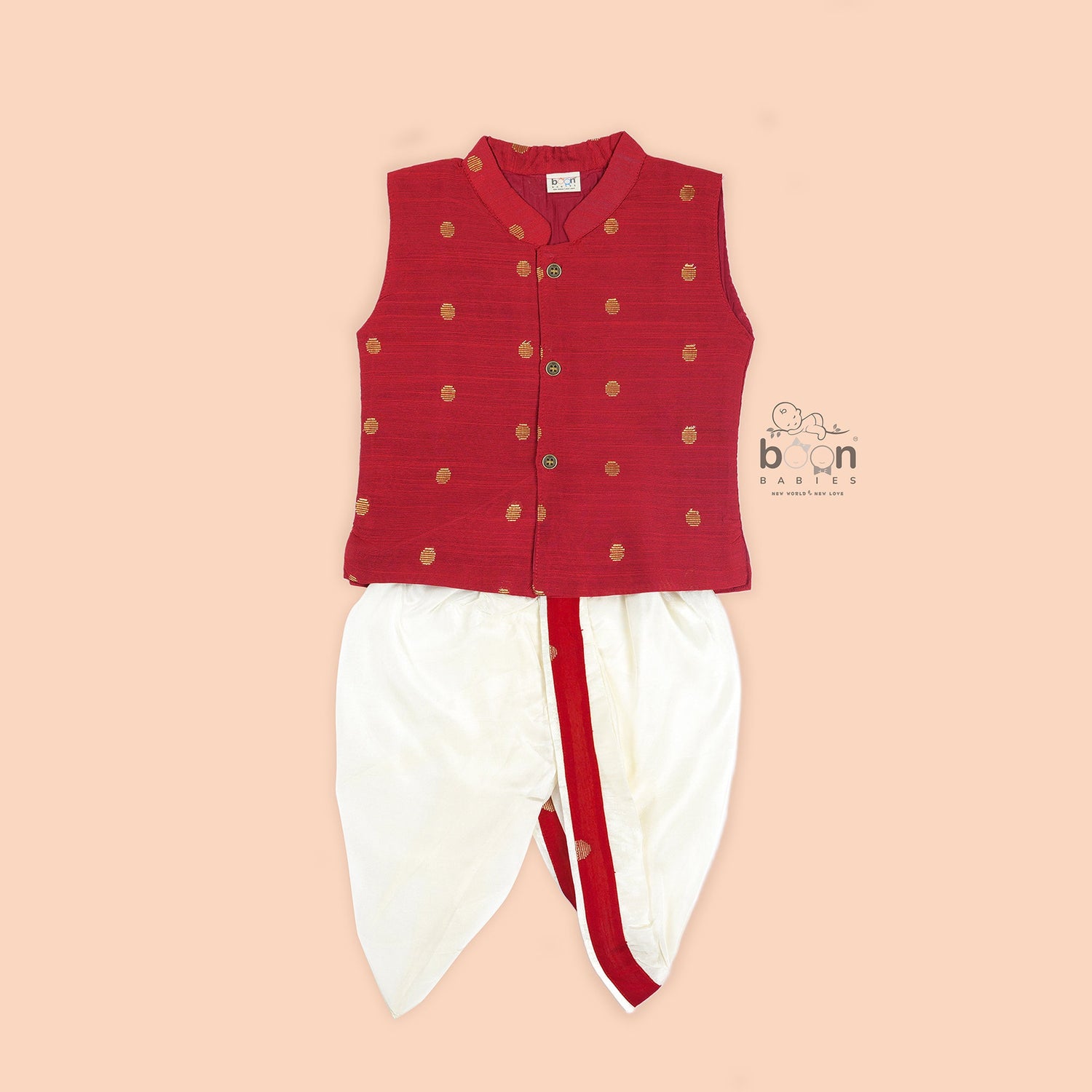 Bright red silk panjagajam set for boys aged 6M–3Y – vibrant, ethnic, and celebration-ready.