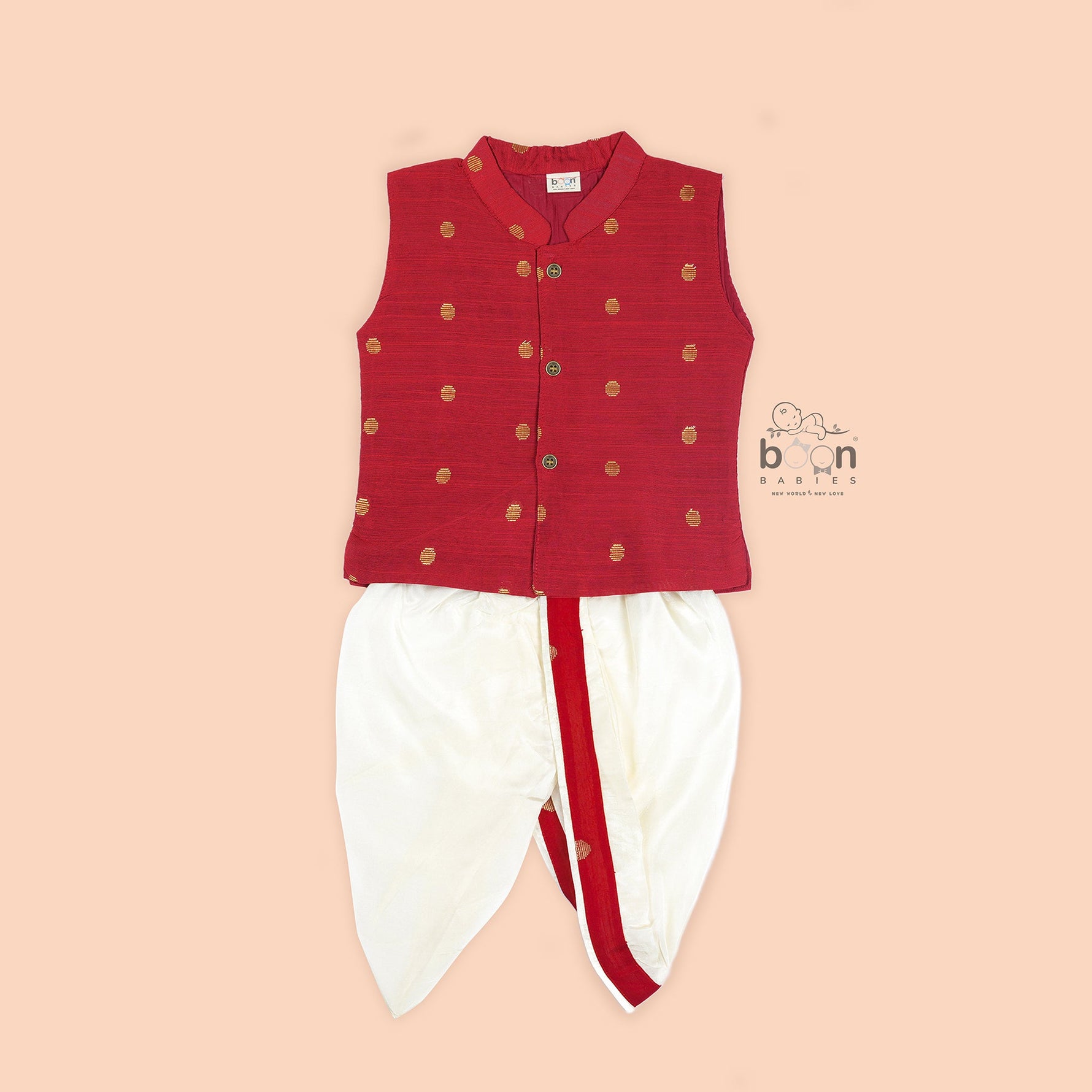 Bright red silk panjagajam set for boys aged 6M–3Y – vibrant, ethnic, and celebration-ready.