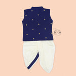Indigo blue silk baby boys' Panjagajam set with Mandarin collar shirt and traditional pants, classic and celebratory style by Booon Babies.