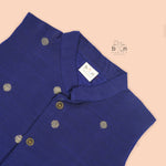 Indigo blue silk Panjagajam set for baby boys with mandarin collar shirt from Booon Babies, traditional and celebratory attire.