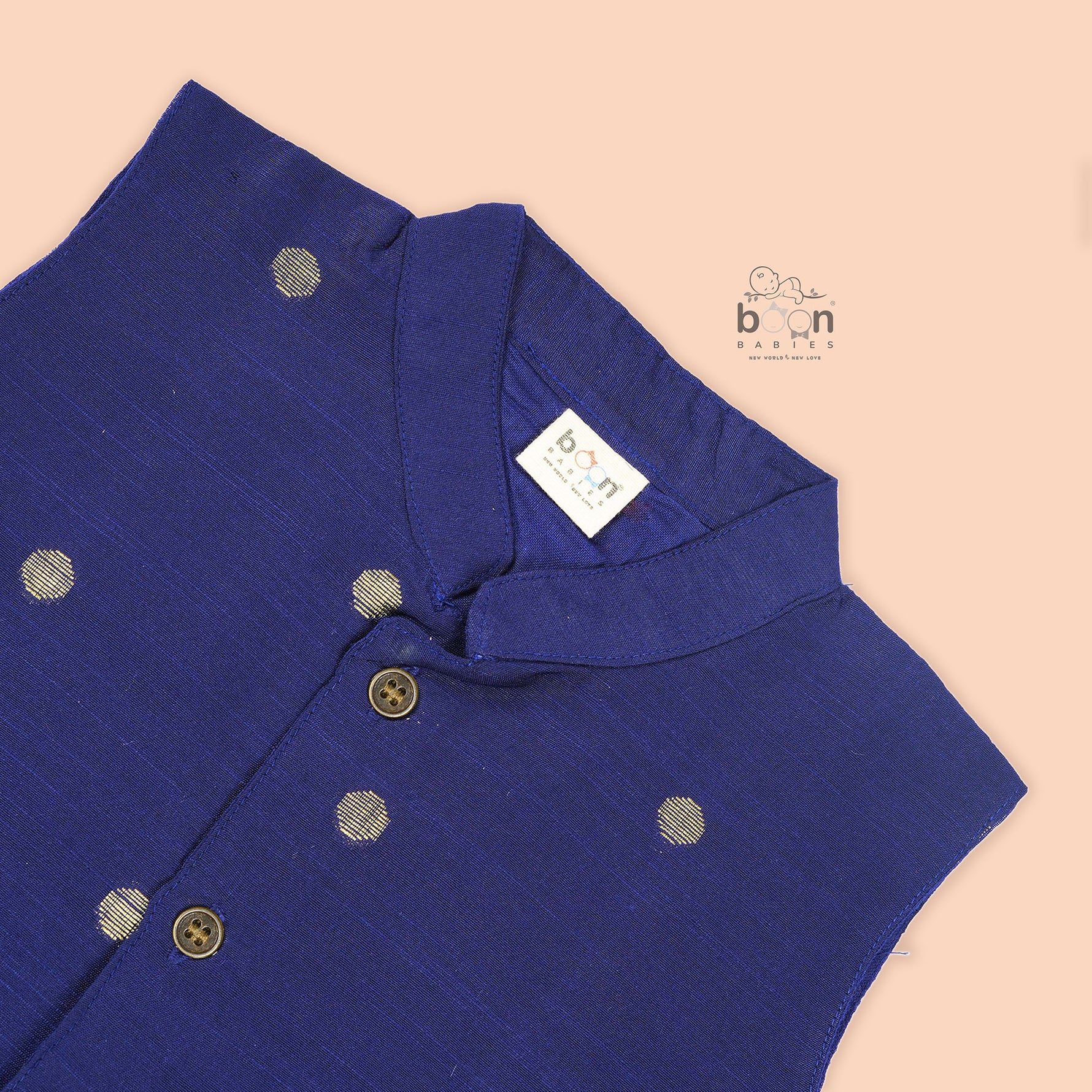 Indigo blue silk Panjagajam set for baby boys with mandarin collar shirt from Booon Babies, traditional and celebratory attire.