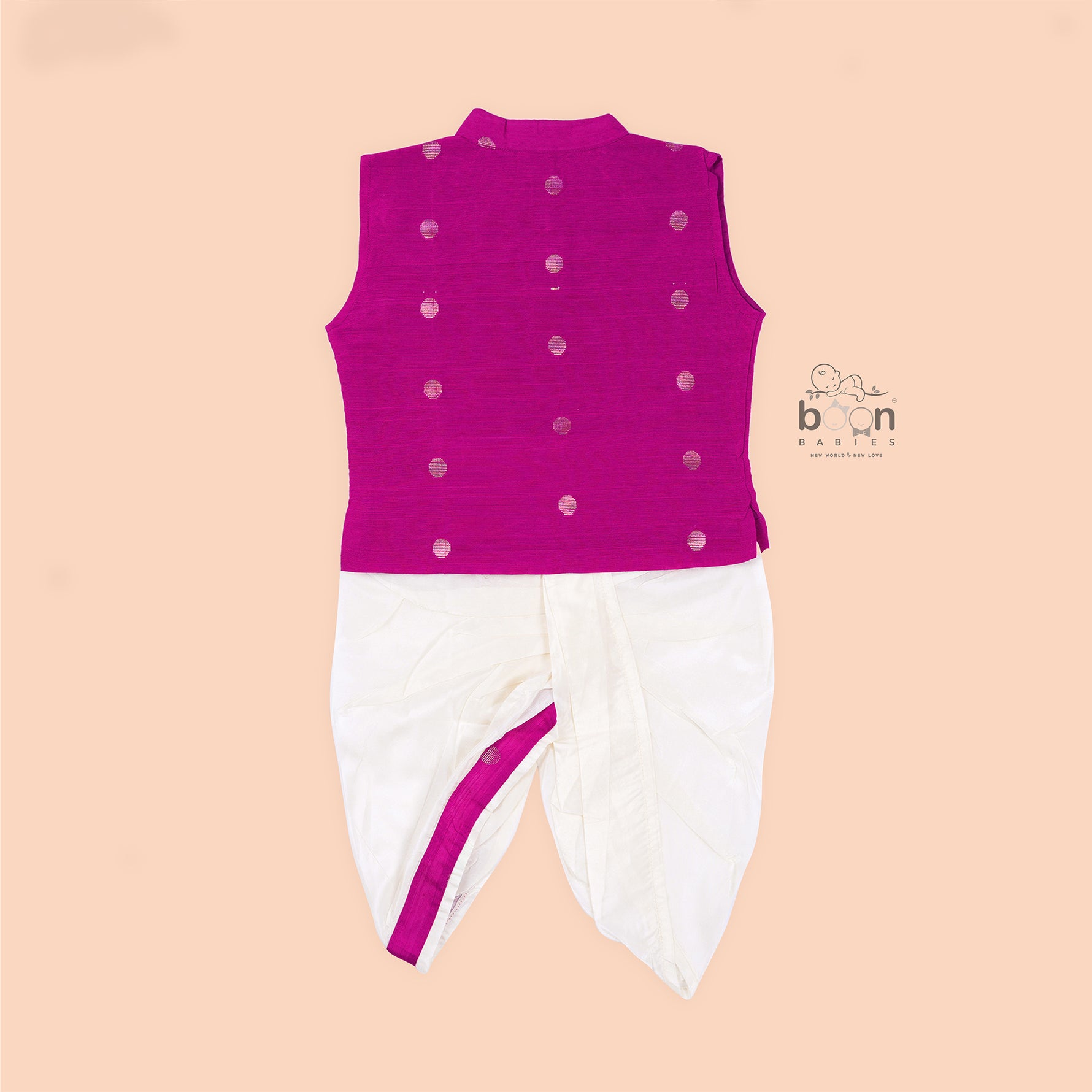Magenta pink silk panjagajam set with gold butta for baby boys aged 6M–3Y. Traditional, festive, and full of charm – perfect for special days.