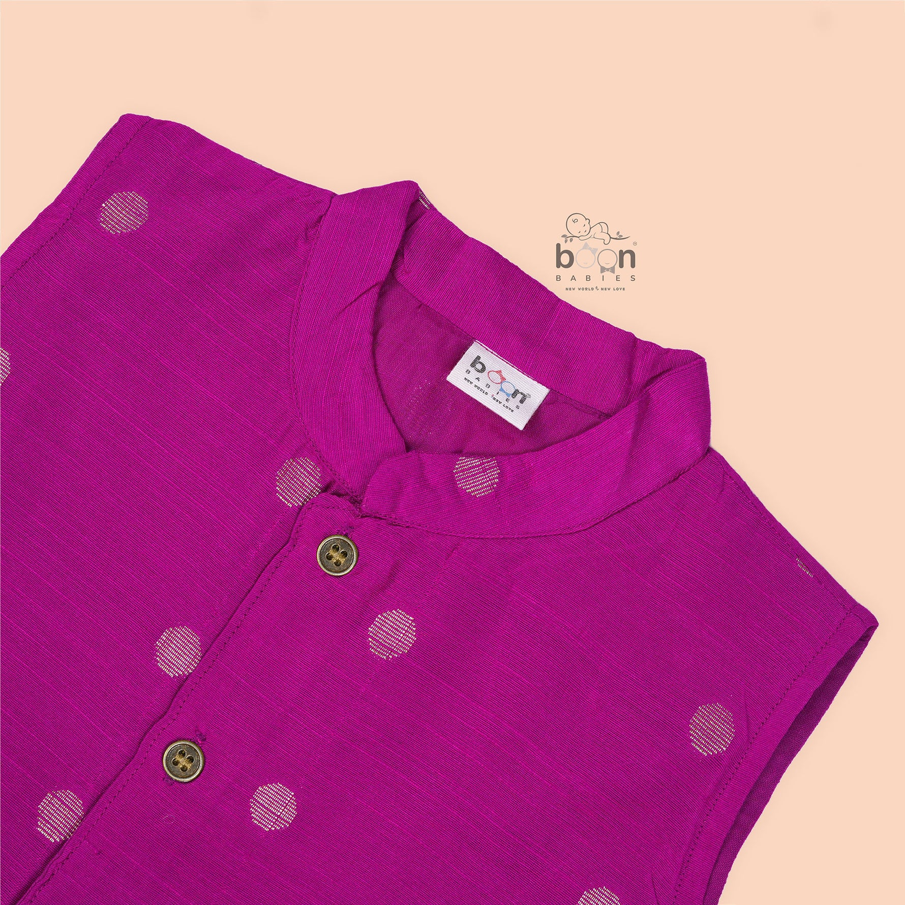 Magenta pink silk panjagajam set with gold butta for baby boys aged 6M–3Y. Traditional, festive, and full of charm – perfect for special days.