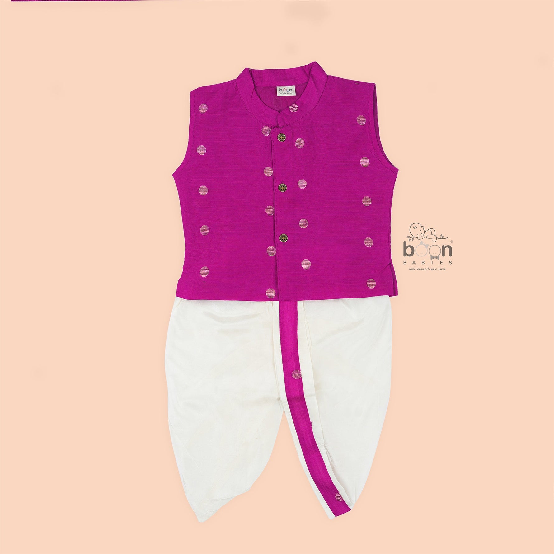 Magenta pink silk panjagajam set with gold butta for baby boys aged 6M–3Y. Traditional, festive, and full of charm – perfect for special days.