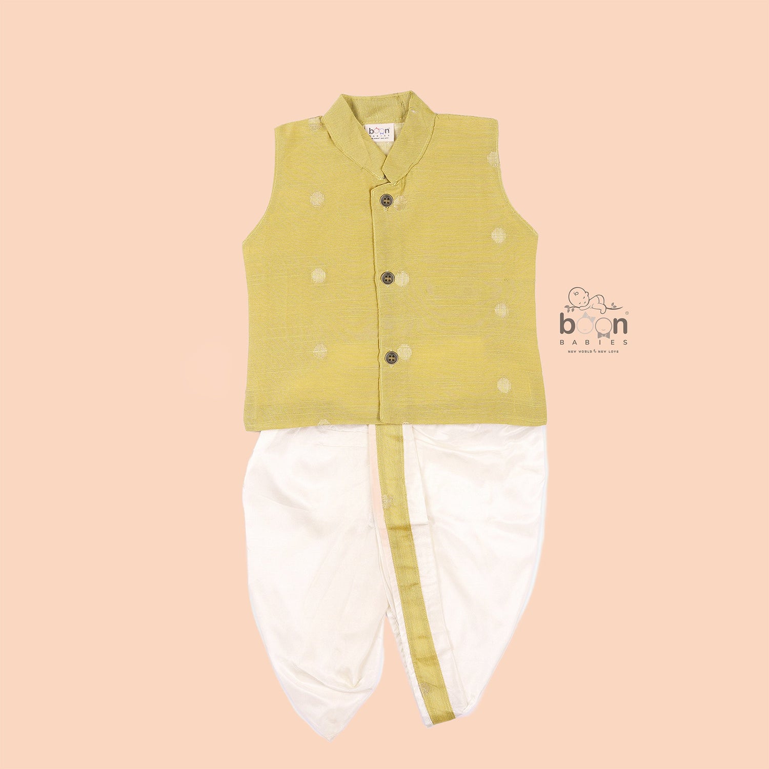 Elegant olive green silk panjagajam set for boys aged 6M–3Y – festive and soft for all-day celebration comfort.