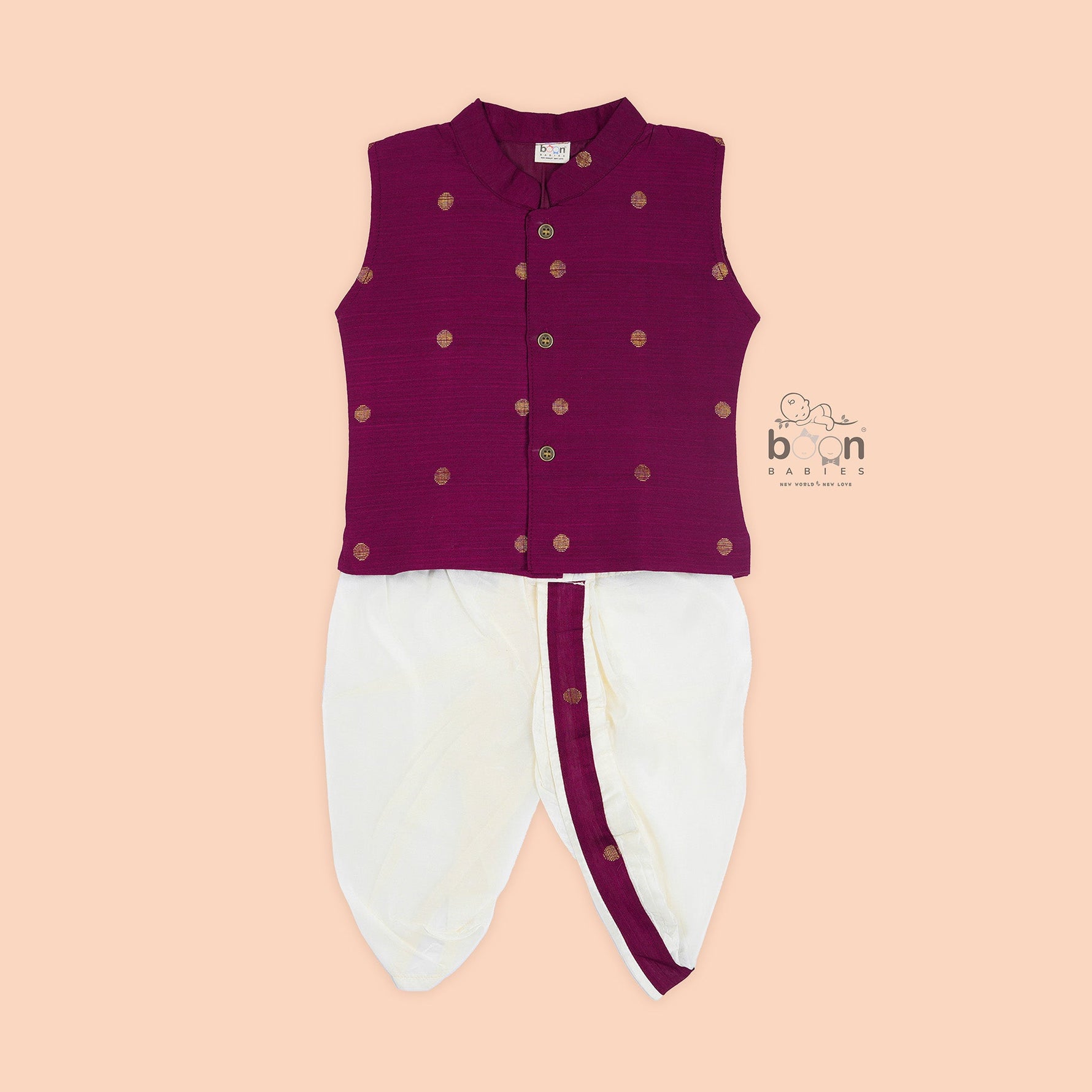 Elegant Plum silk panjagajam set for boys aged 6M–3Y – crafted for tradition, designed for comfort.