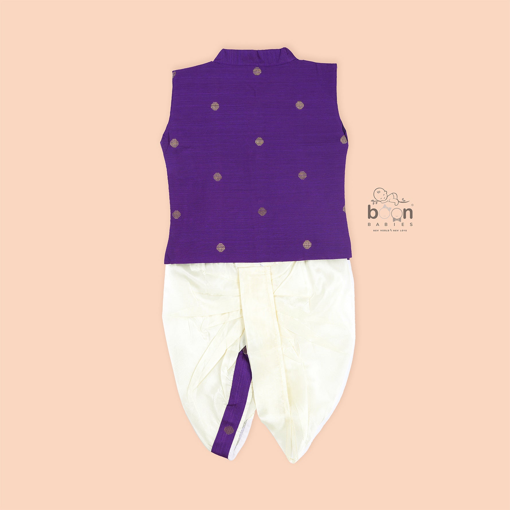 Purple silk panjagajam set for boys aged 6M–3Y – festive, elegant, and baby-approved.