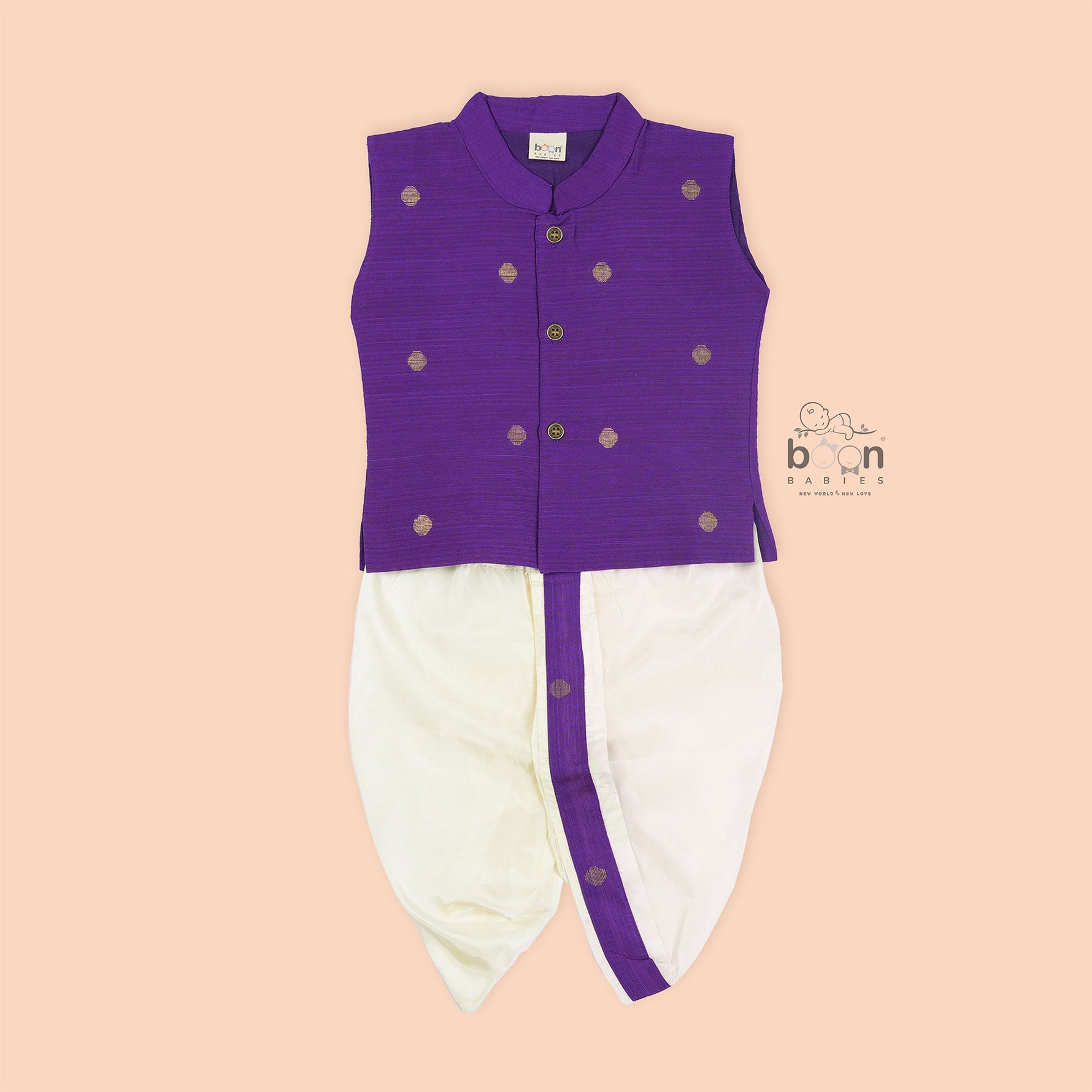 Purple silk panjagajam set for boys aged 6M–3Y – festive, elegant, and baby-approved.