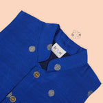 Festive silk Panjagajam set in royal blue and white for baby boys. Comfortable and traditional – ideal for 6M–3Y.